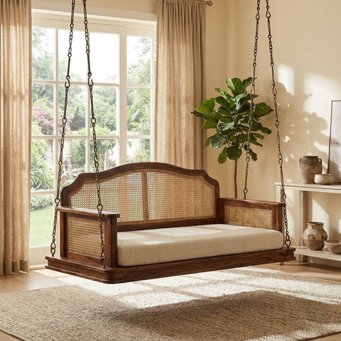 Luxury 2 seater wooden Jhula with crème boucle cushion for living room