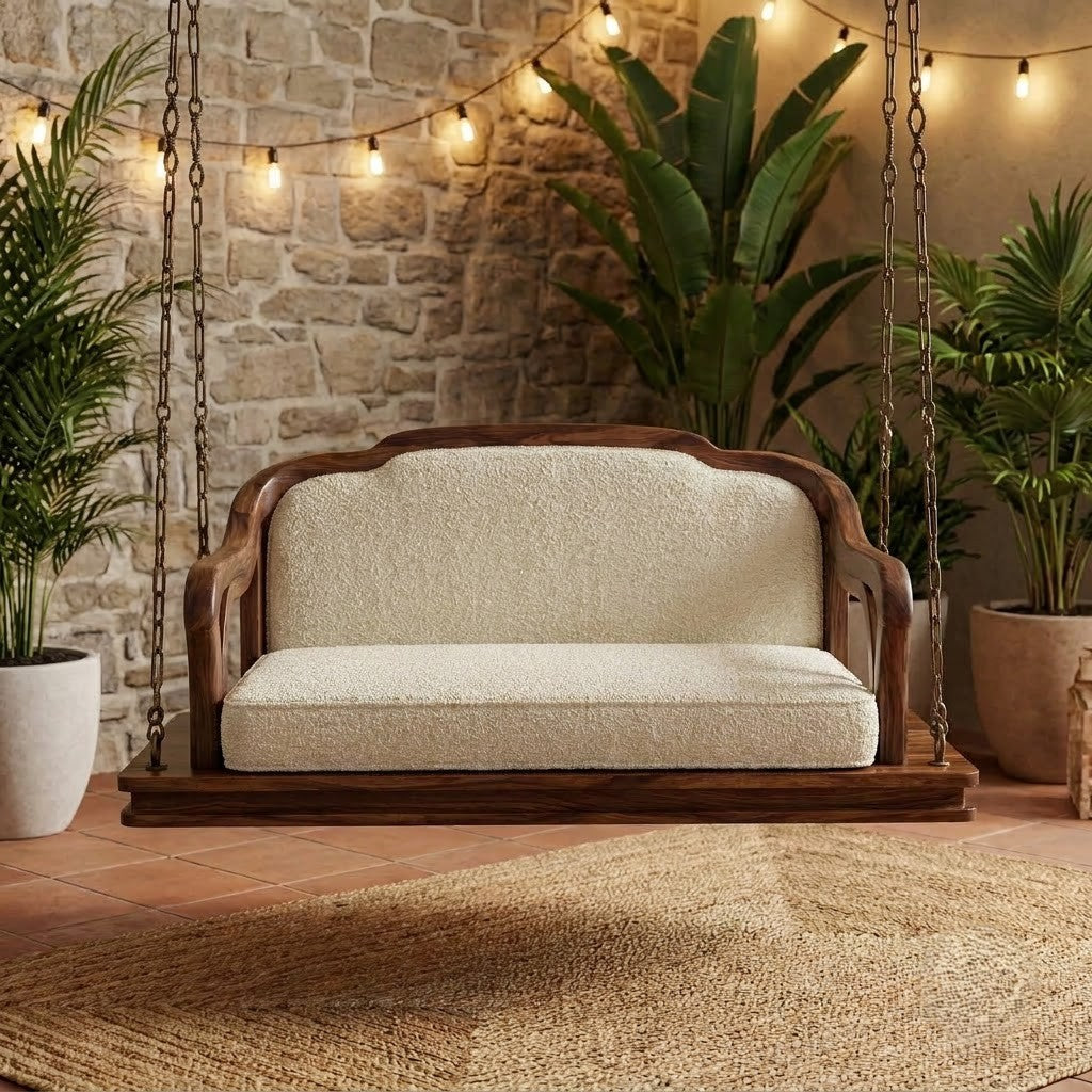Luxury 2 seater wooden Jhula with crème boucle seat for living room