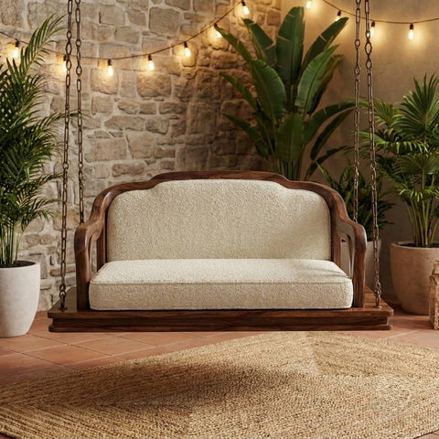 Luxury 2 seater wooden Jhula with crème boucle seat for living room