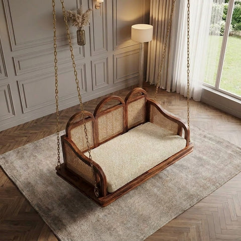 Luxury 2 seater wooden Jhula with crème boucle upholstery for living room