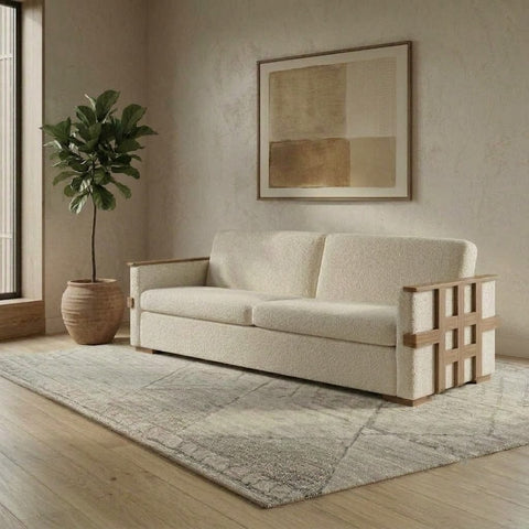 Luxury 3.5 seater wooden sofa with Crème Boucle upholstery for modern home