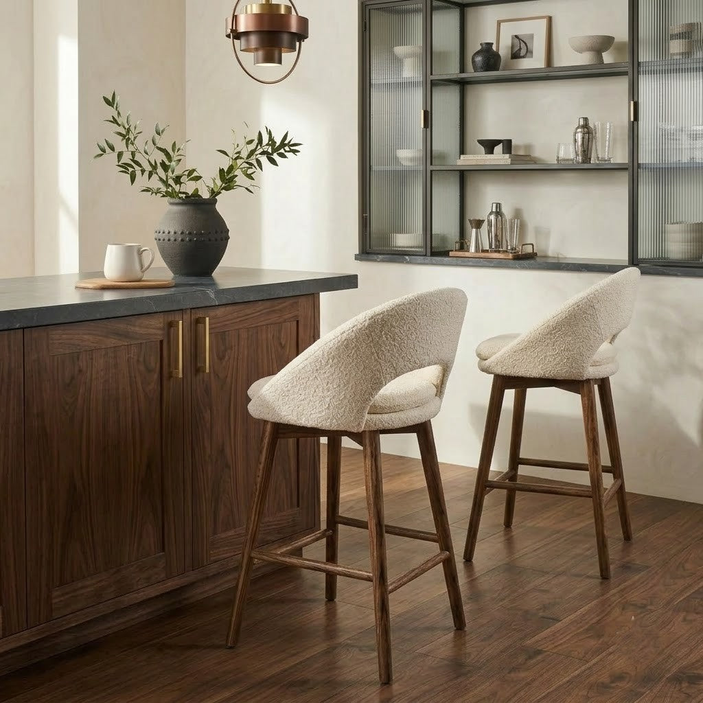 Luxury Cream Boucle Bar Stool with Dark Walnut Sheesham Wood Finish | PRITI Home