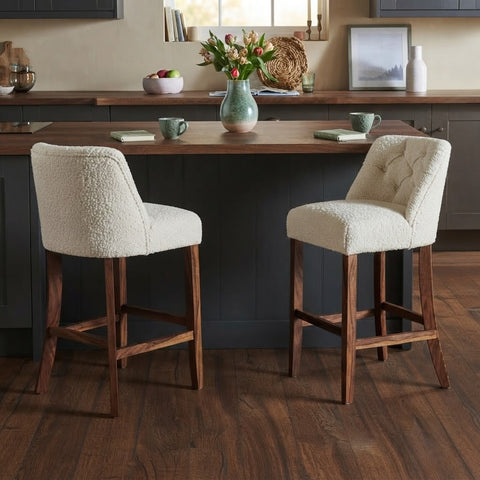 Luxury Cream Boucle Counter Bar Stool with Dark Walnut Sheesham Wood Finish | PRITI Home