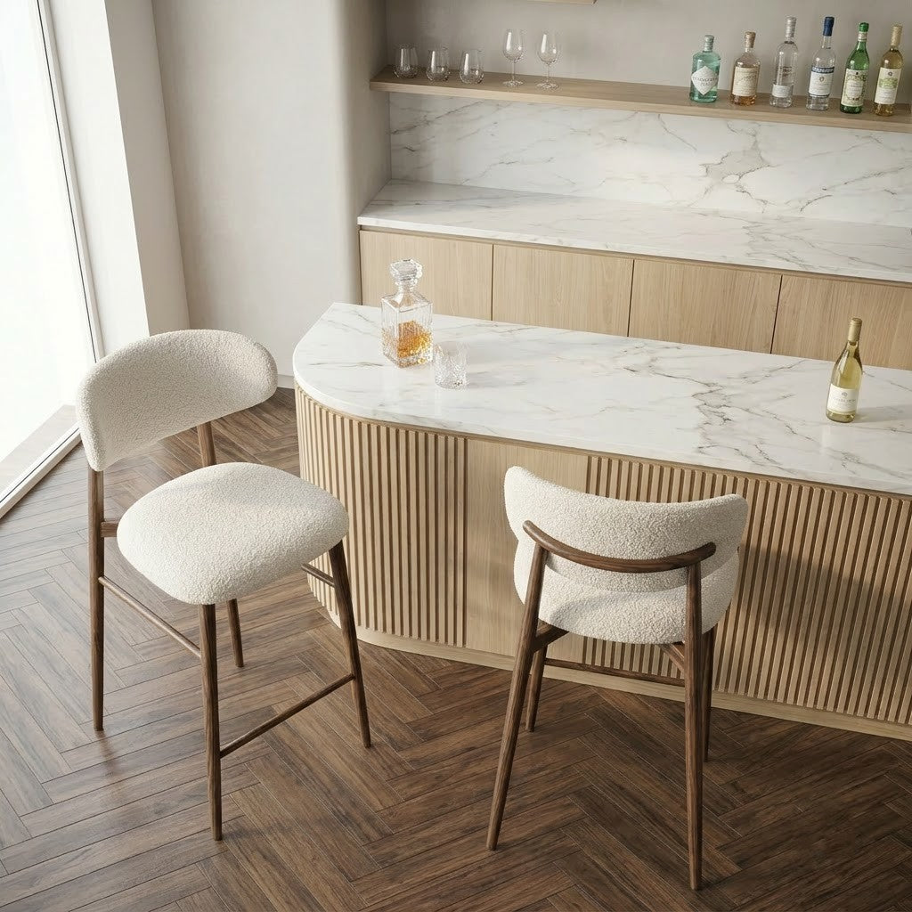 Luxury Cream Boucle Kitchen Stools Set of 2 – Dark Walnut Sheesham Wood | PRITI Home
