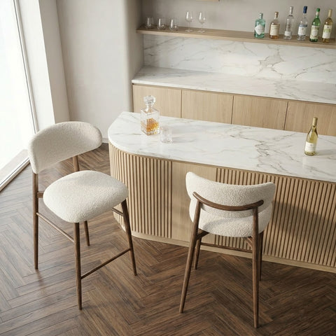 Luxury Cream Boucle Kitchen Stools Set of 2 – Dark Walnut Sheesham Wood | PRITI Home