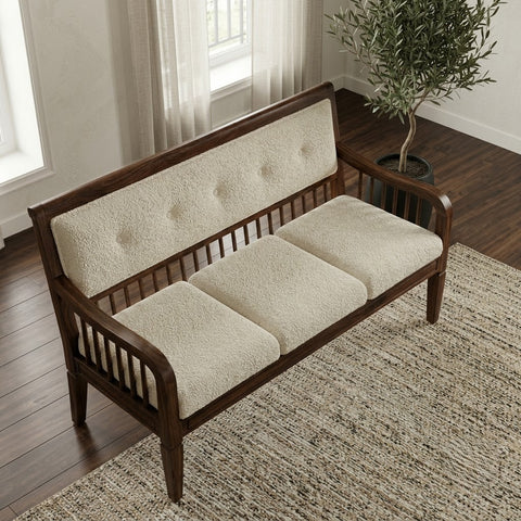 Luxury Dark Walnut Bench with Cushioned Seating and Curved Sheesham Wood Arms