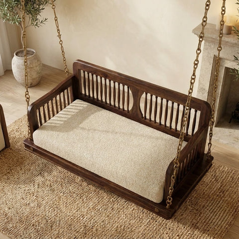 Luxury PRITI Sheesham wood swing with crème boucle cushioned seating
