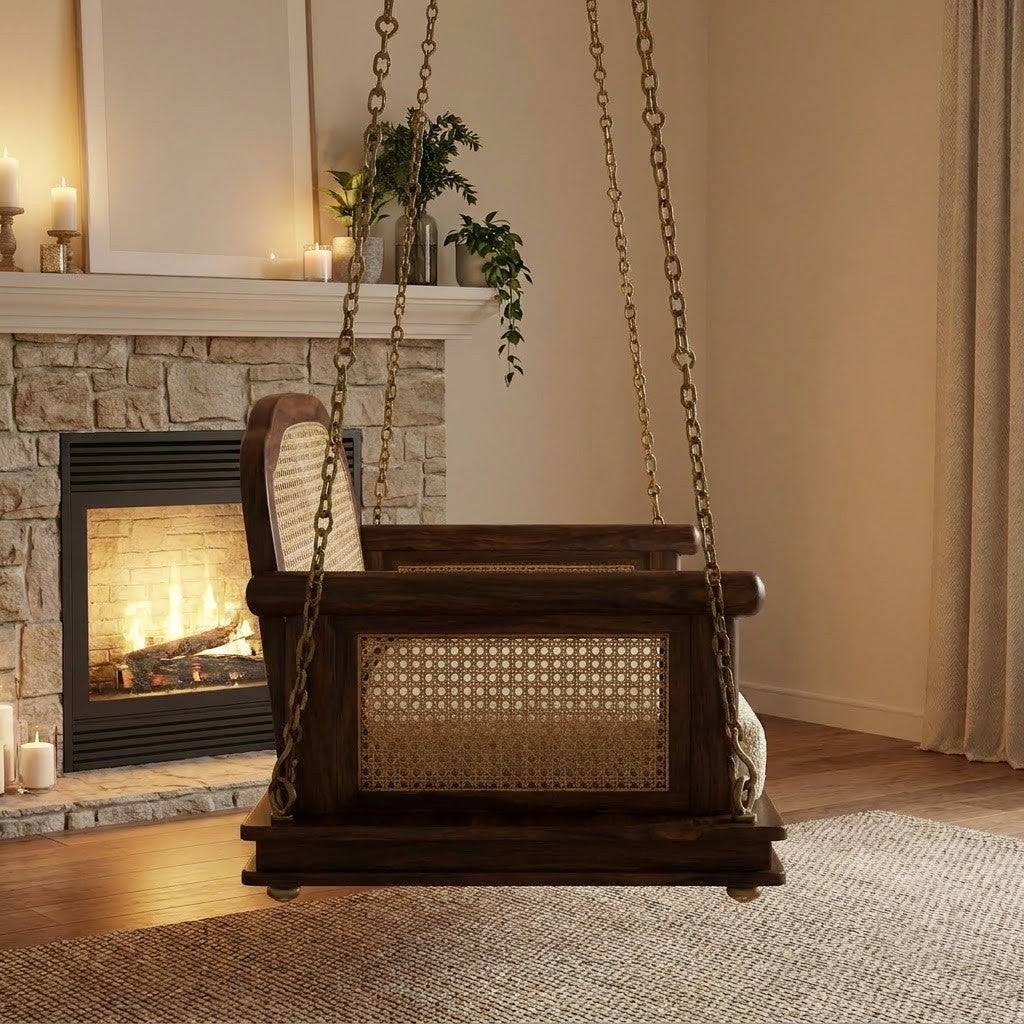 Luxury PRITI wooden jhula with cane detailing and soft boucle seat