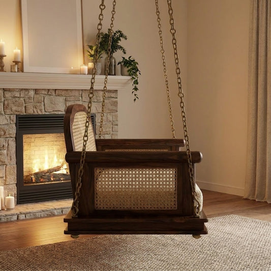Luxury PRITI wooden jhula with cane detailing and soft boucle seat