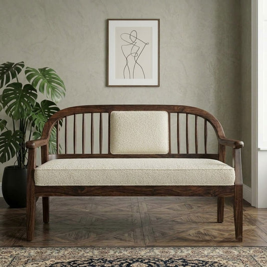 Luxury Sheesham Wood Bench with Crème Boucle Upholstery for Home Interiors