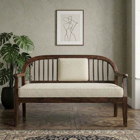Luxury Sheesham Wood Bench with Crème Boucle Upholstery for Home Interiors