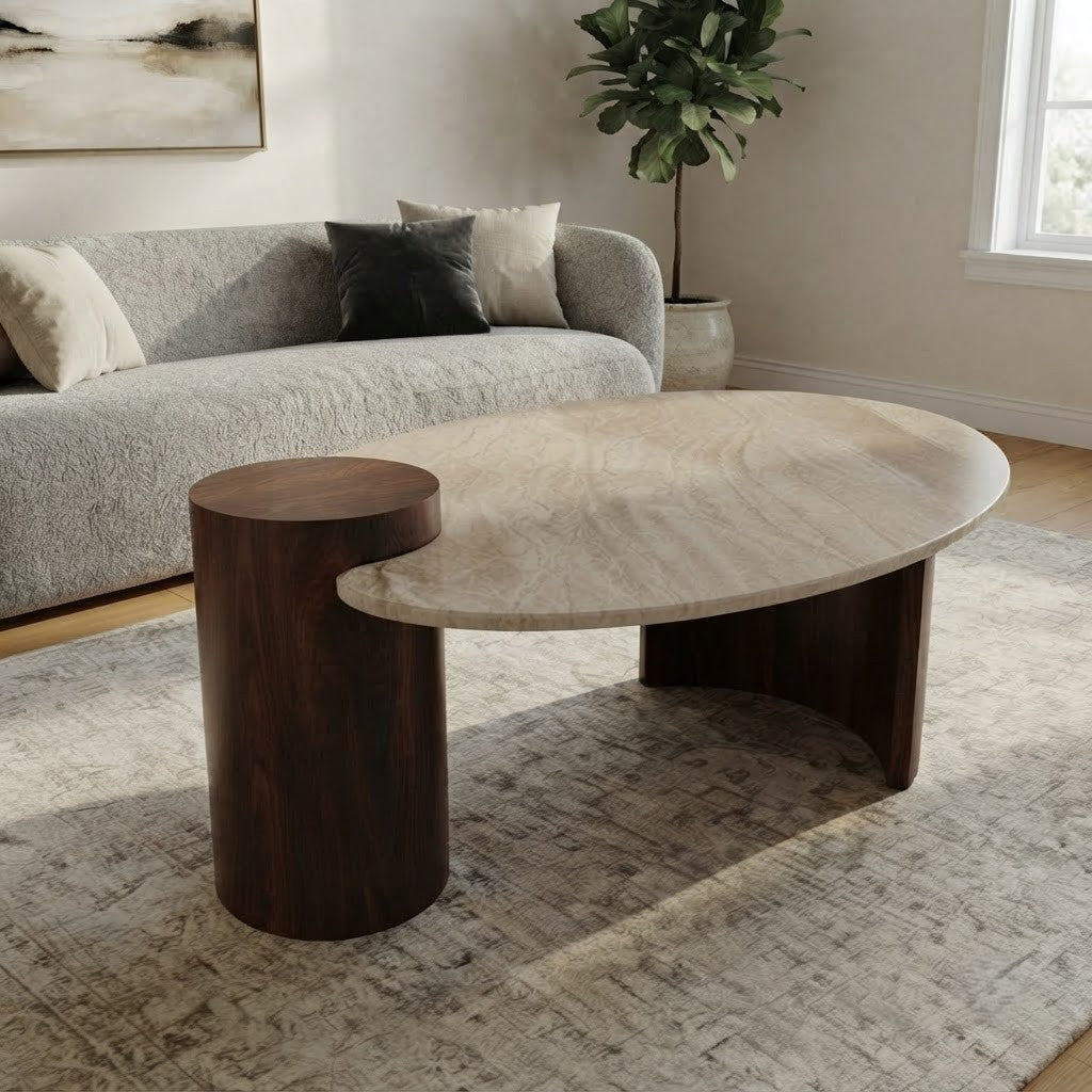 Luxury Travertine Center Table with Walnut-Finish Sheesham Base | Curved Design | PRITI