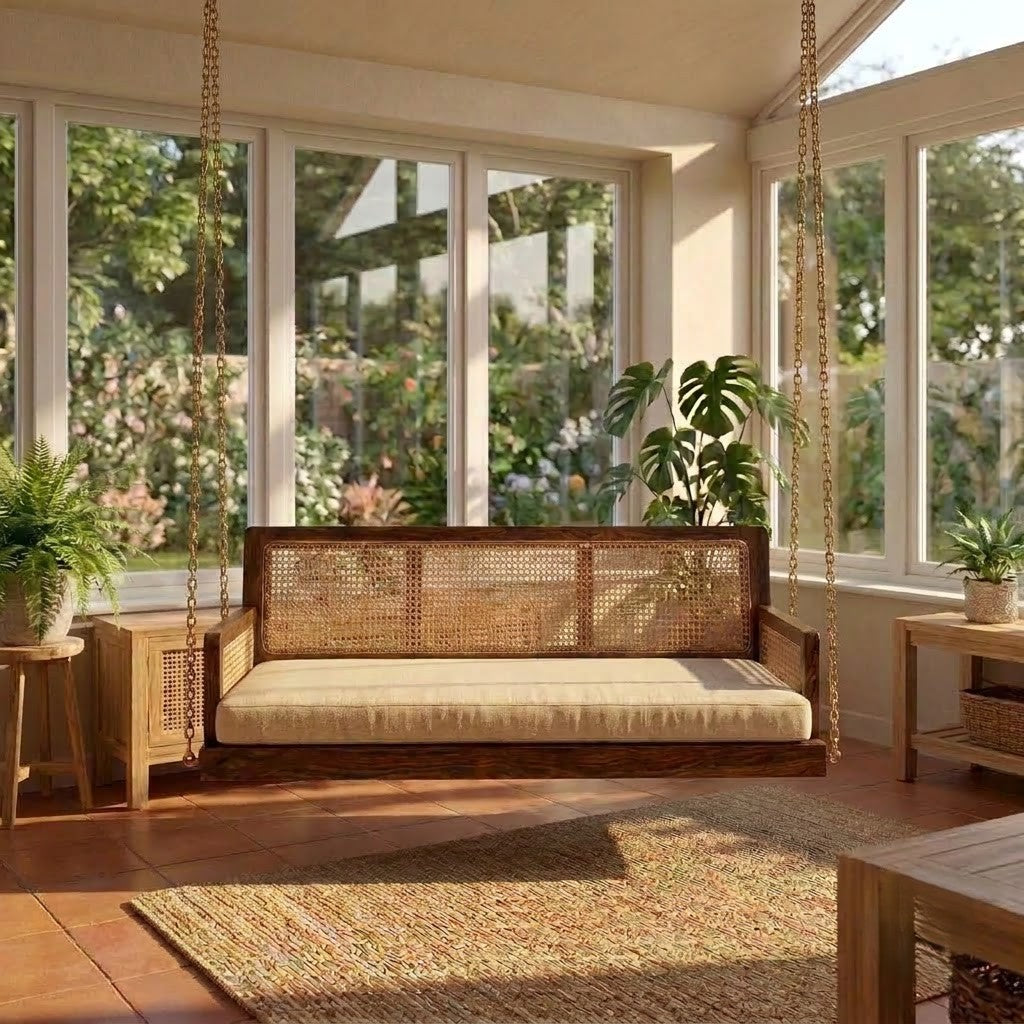 Luxury dark walnut wood swing for home with spacious two person seating by PRITI