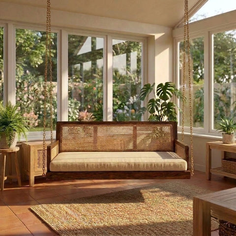 Luxury dark walnut wood swing for home with spacious two person seating by PRITI