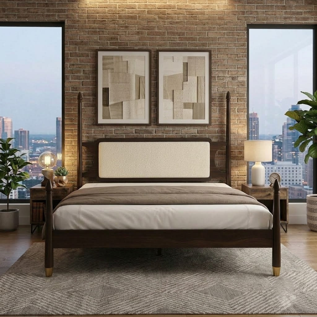 Luxury king size wooden poster bed with Crème Boucle upholstered headboard