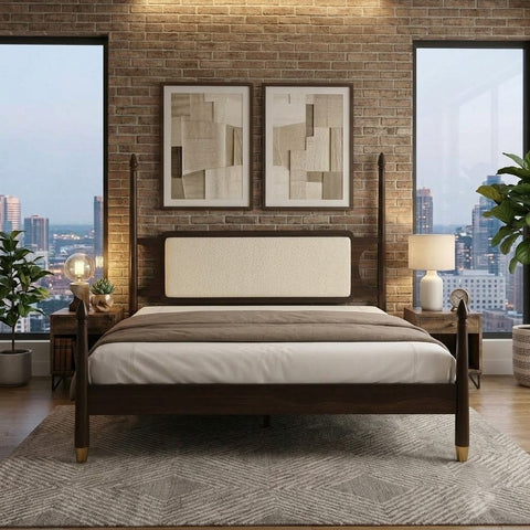 Luxury king size wooden poster bed with Crème Boucle upholstered headboard