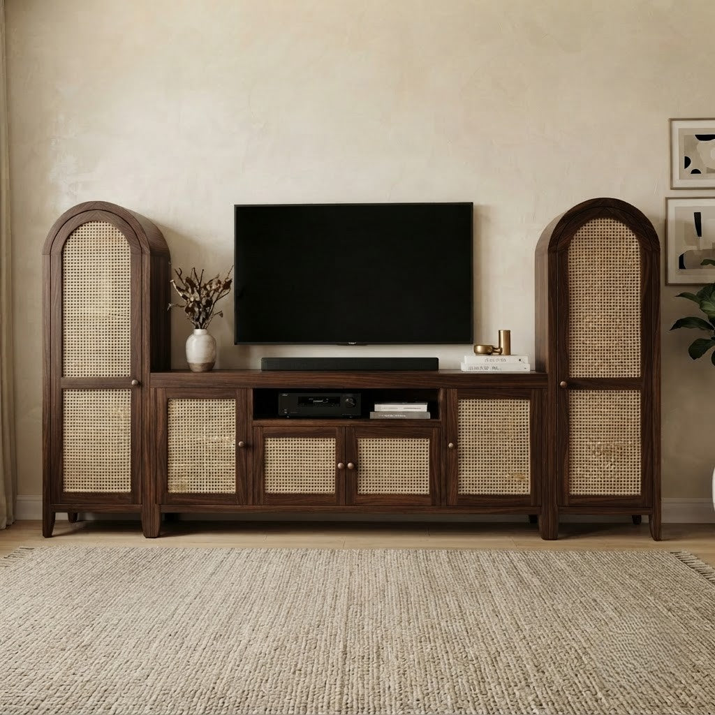 Luxury solid wood TV unit with cane cabinets for modern living room