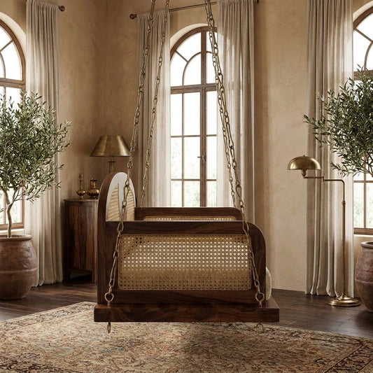 Luxury wooden Jhula for home with solid Sheesham frame and boucle upholstery