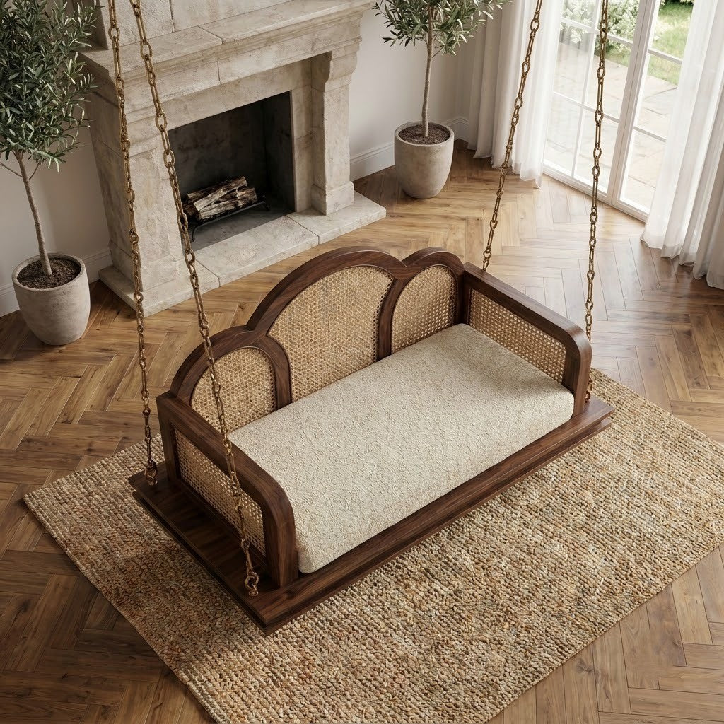 Luxury wooden Jhula for home with two seater crème boucle cushioned seat
