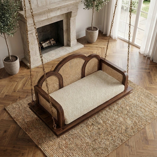 Luxury wooden Jhula for home with two seater crème boucle cushioned seat