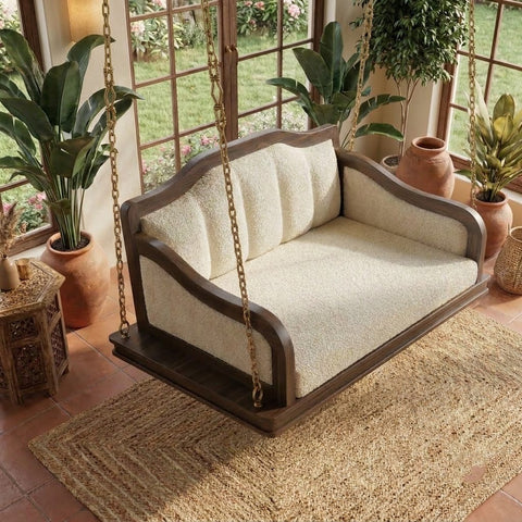 Luxury wooden swing for living room with crème boucle backrest and seat