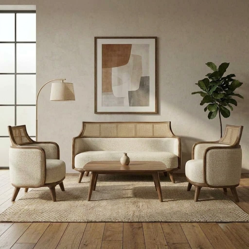 Mahogany wood rattan sofa with Crème Boucle upholstery