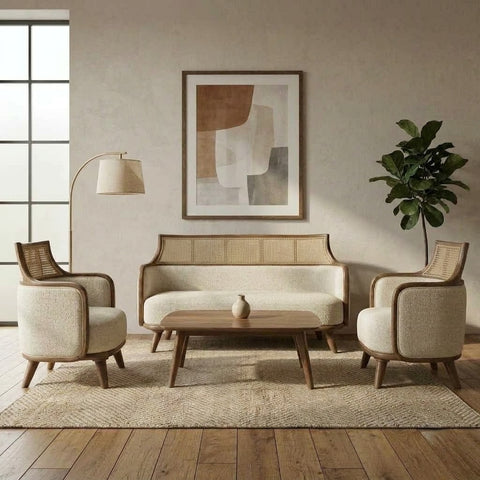 Mahogany wood rattan sofa with Crème Boucle upholstery