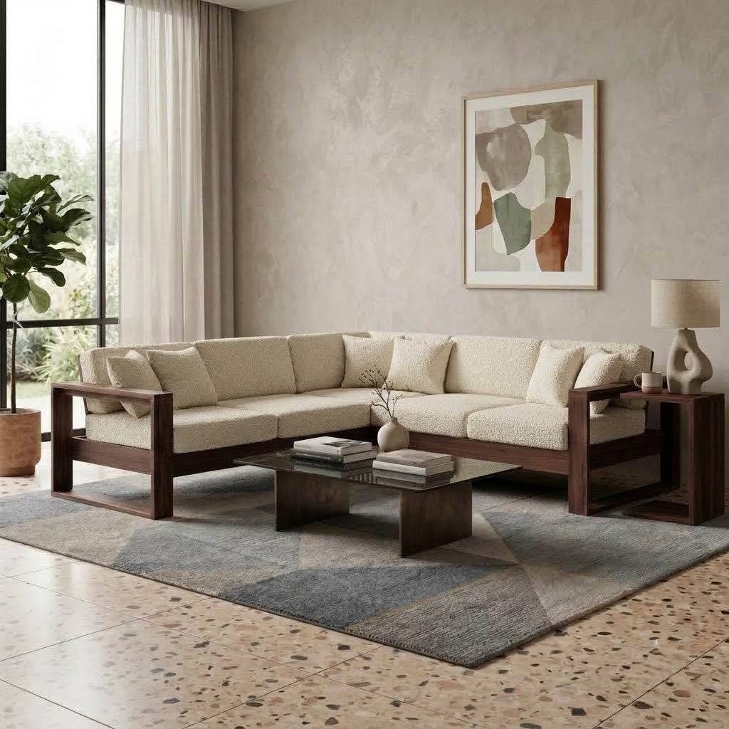 Mahogany wood sectional sofa with premium boucle fabric
