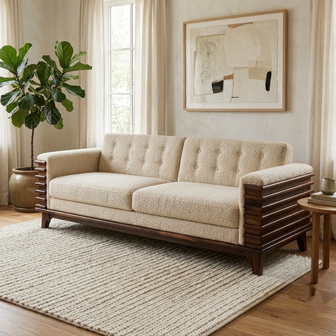 Mango Wood 3 Seater Sofa with Crème Boucle Fabric for Living Room