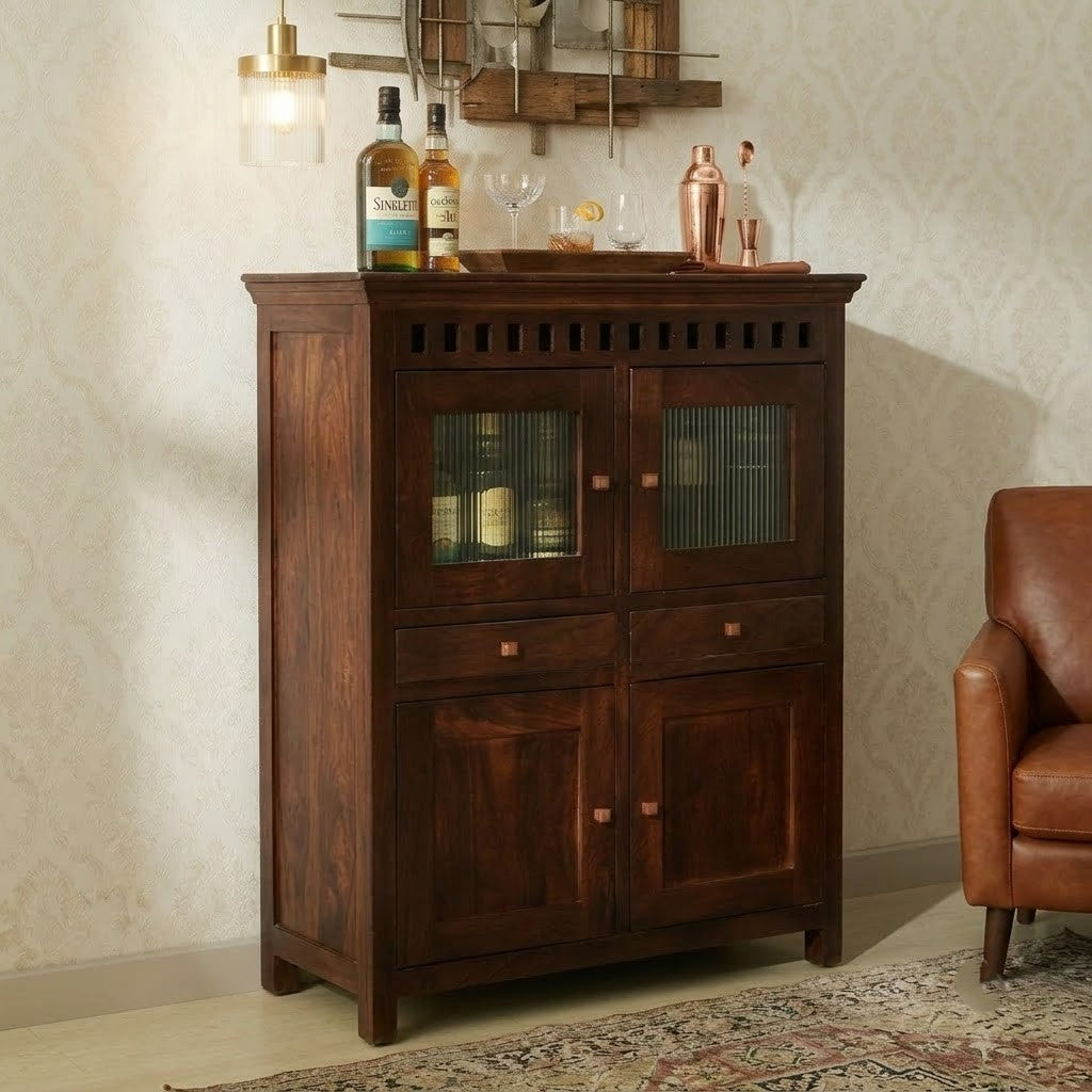 Mango Wood Bar Cabinet with Glass Storage – Grey Finish