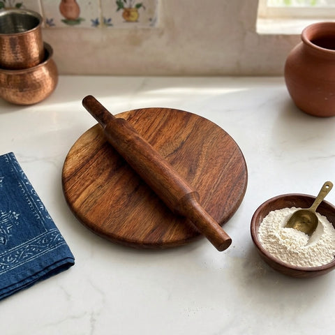 Mango Wood Chakla Belan Set | 9.5 Inch Rolling Board & Wooden Belan