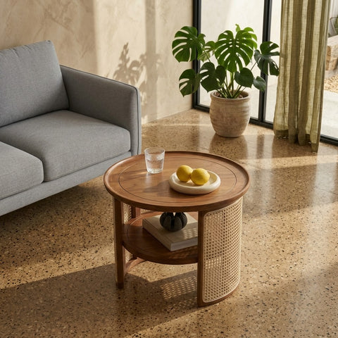 Mango Wood center table with cane detailing and storage shelf