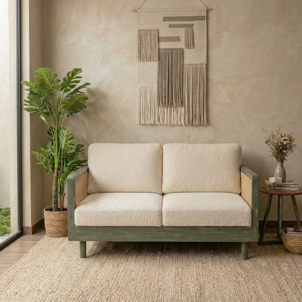 Mango wood living room sofa with cane side panels and boucle fabric
