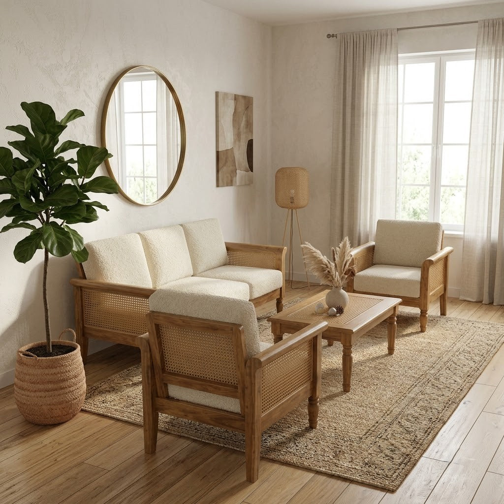 Mango wood three seater sofa with two armchairs