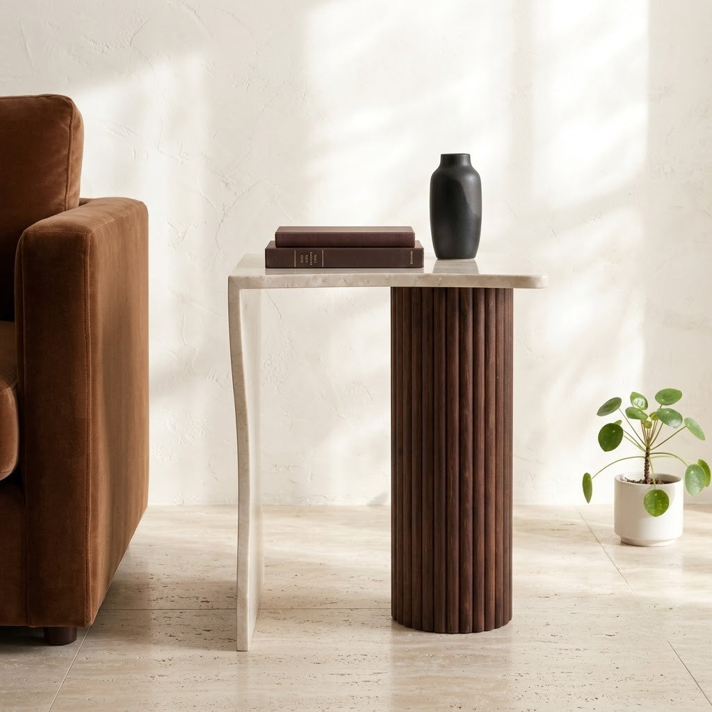 Marble & Fluted Wood Side Table – Curved Beige Marble Top
