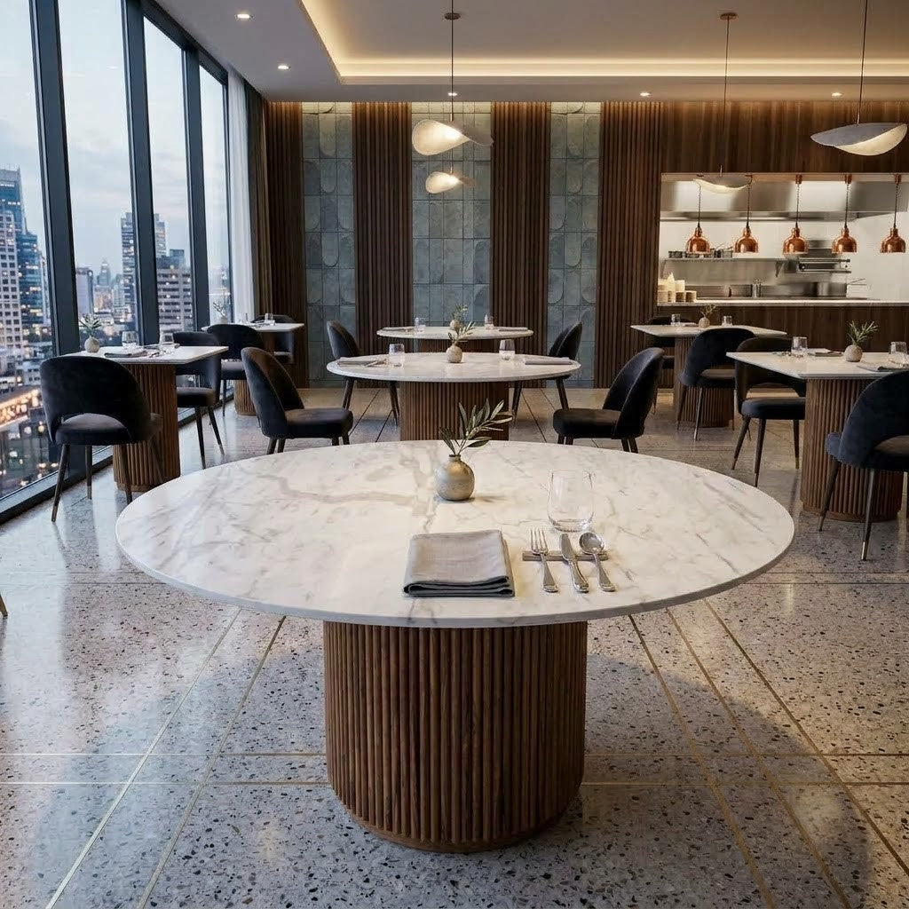 Marble Look Quartz Dining Table on Teak Pedestal | PRITI