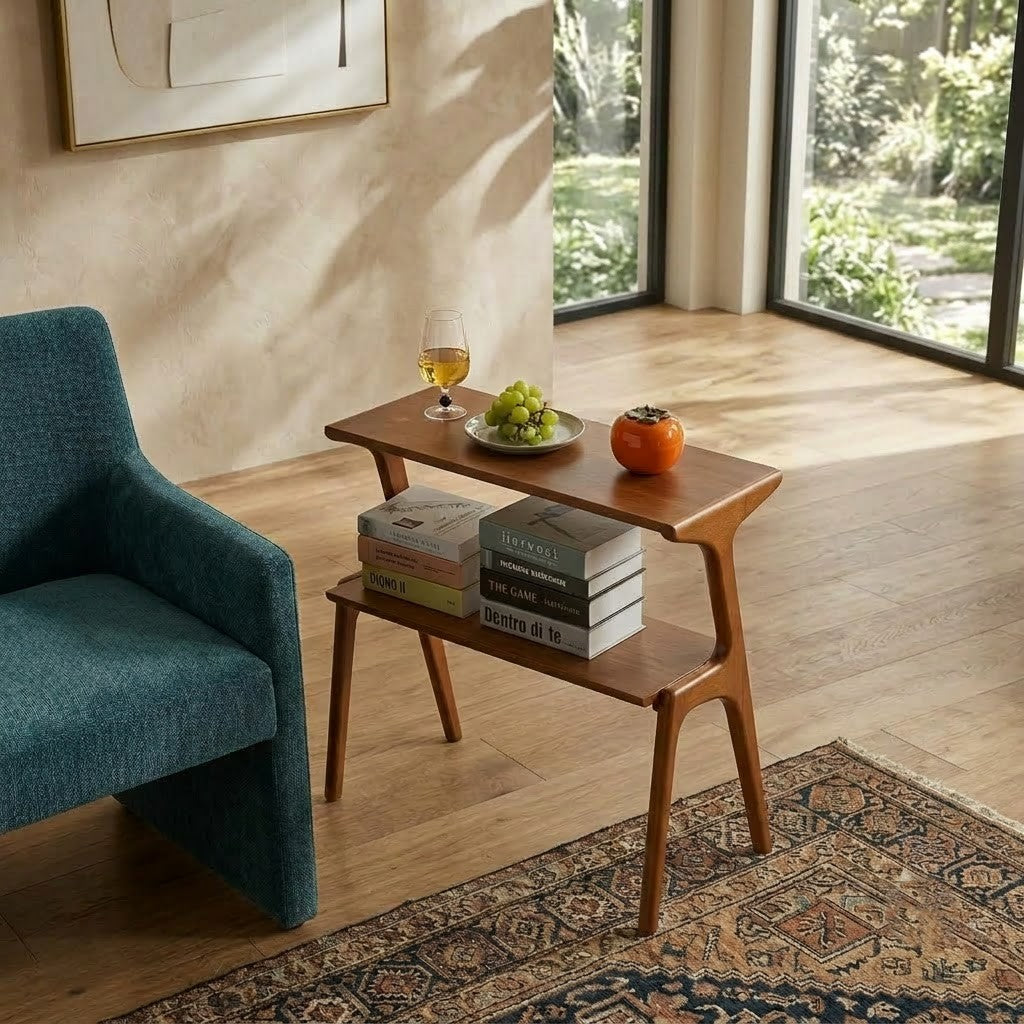 Mid-Century Wooden Side Table with Storage Shelf | PRITI Mango Wood End Table