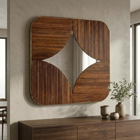 Minimalist square decorative mirror above a hallway console table