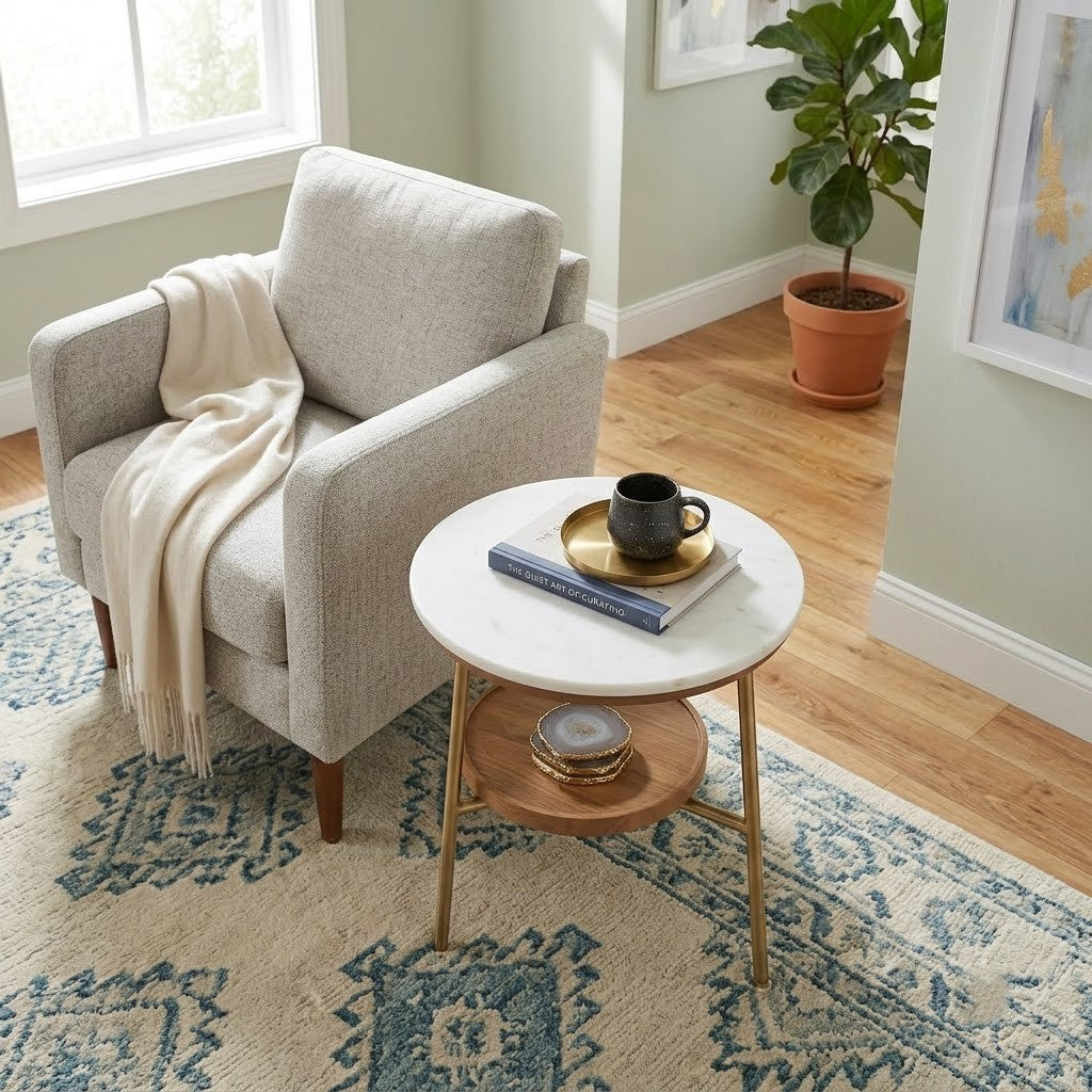 Modern 2-Tier Corner Table | Marble & Steel Side Table – PRITI