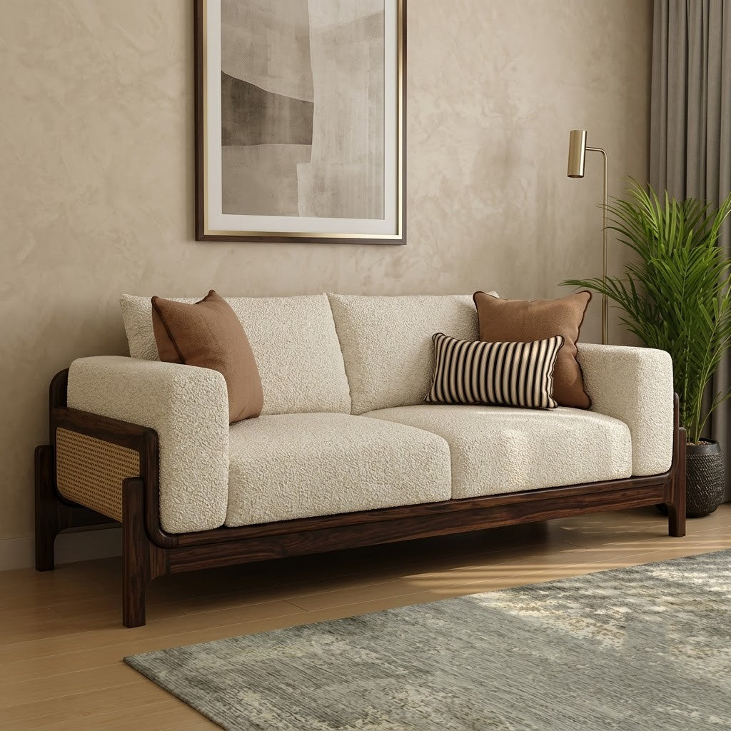 Modern 3 seater wooden sofa with cane detailing and boucle fabric