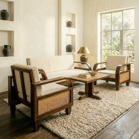 Modern 5 Seater Living Room Sofa Set | Rattan Cane & Walnut Wood Frame