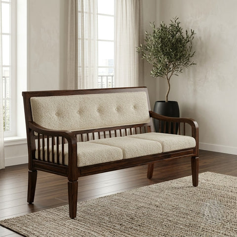 Modern 60 Inch Sheesham Wood Bench in Dark Walnut with Crème Boucle