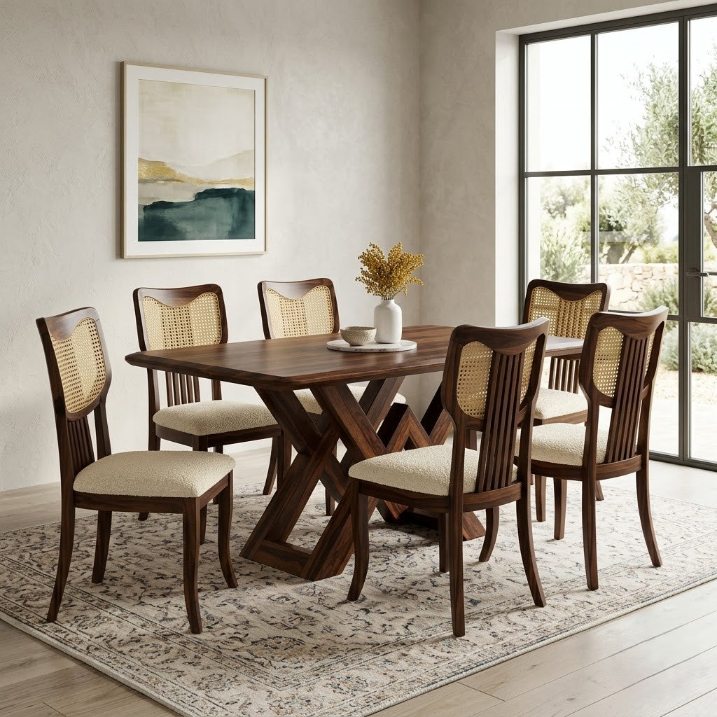 Modern 6 Seater Dining Table Set in Dark Walnut Finish