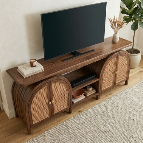 Modern Arched TV Console – Sheesham Wood with Cane Panel Storage