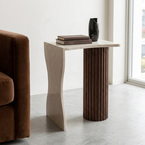 Modern Asymmetric Marble Side Table with Ribbed Wood Leg