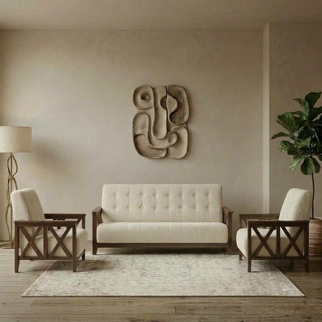 Modern Crème Boucle fabric sofa set with matte wood finish