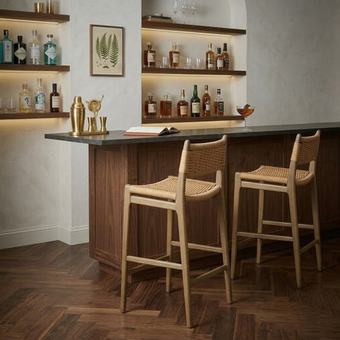 Modern Cream Boucle Bar Stool with Dark Walnut Sheesham Wood | PRITI Home
