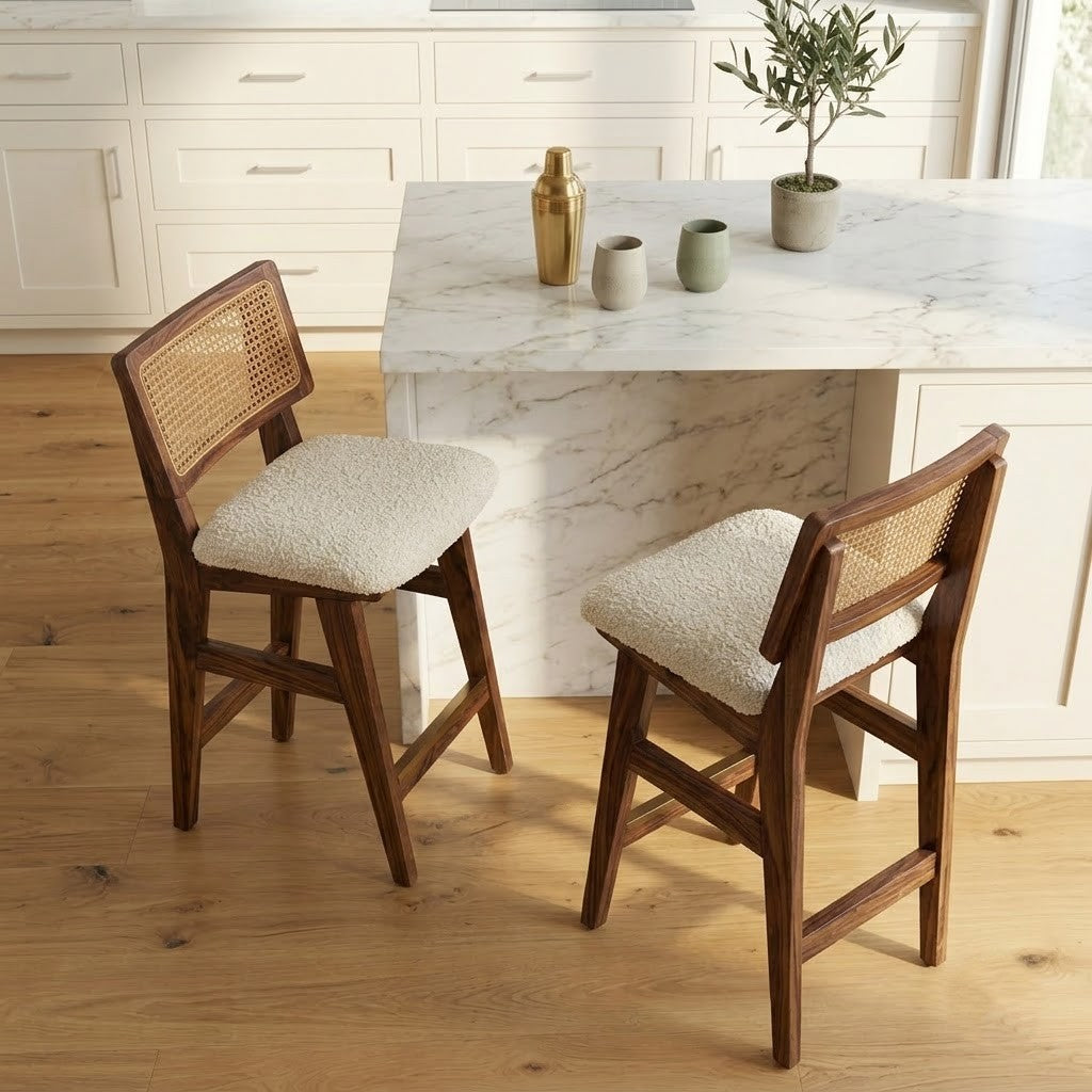 Modern Cream Boucle Bar Stool with Sheesham Wood Frame & Cane Back | PRITI Home