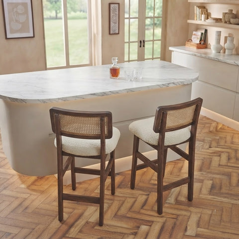 Modern Cream Boucle Upholstered Bar Stool with Dark Walnut Sheesham Wood | PRITI Home