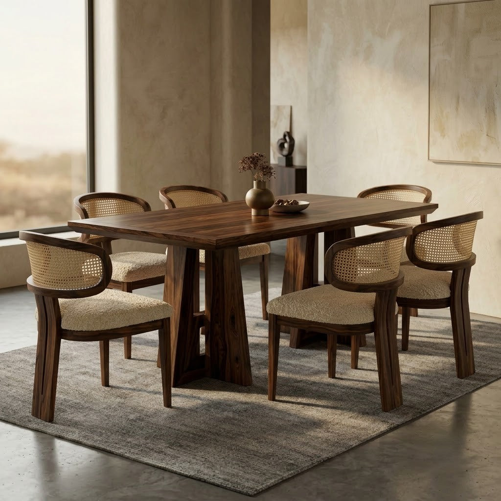 Modern Dark Walnut dining furniture with Crème Boucle seating